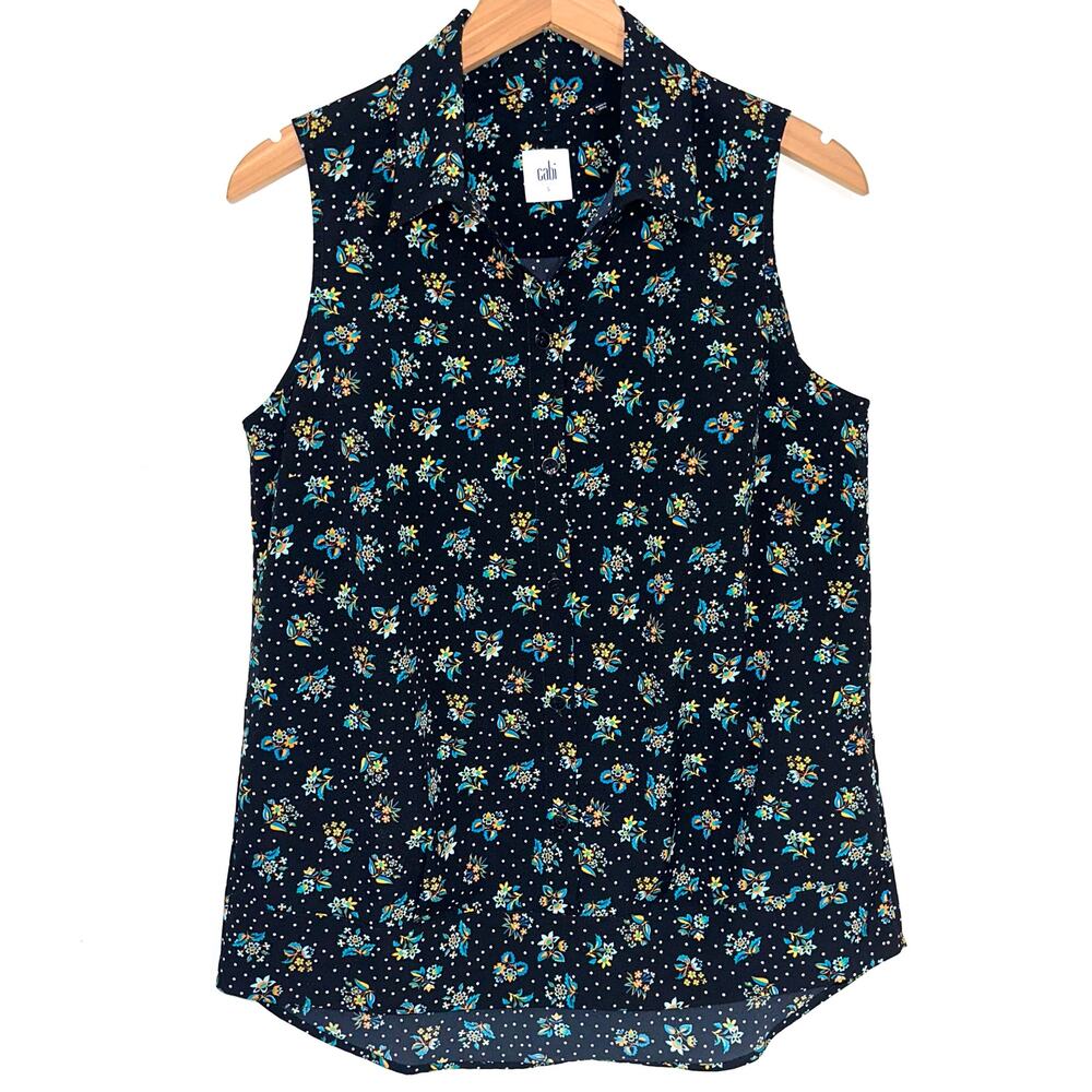 CAbi Whimsy Black Floral Sleeveless Blouse 3440 Size Small